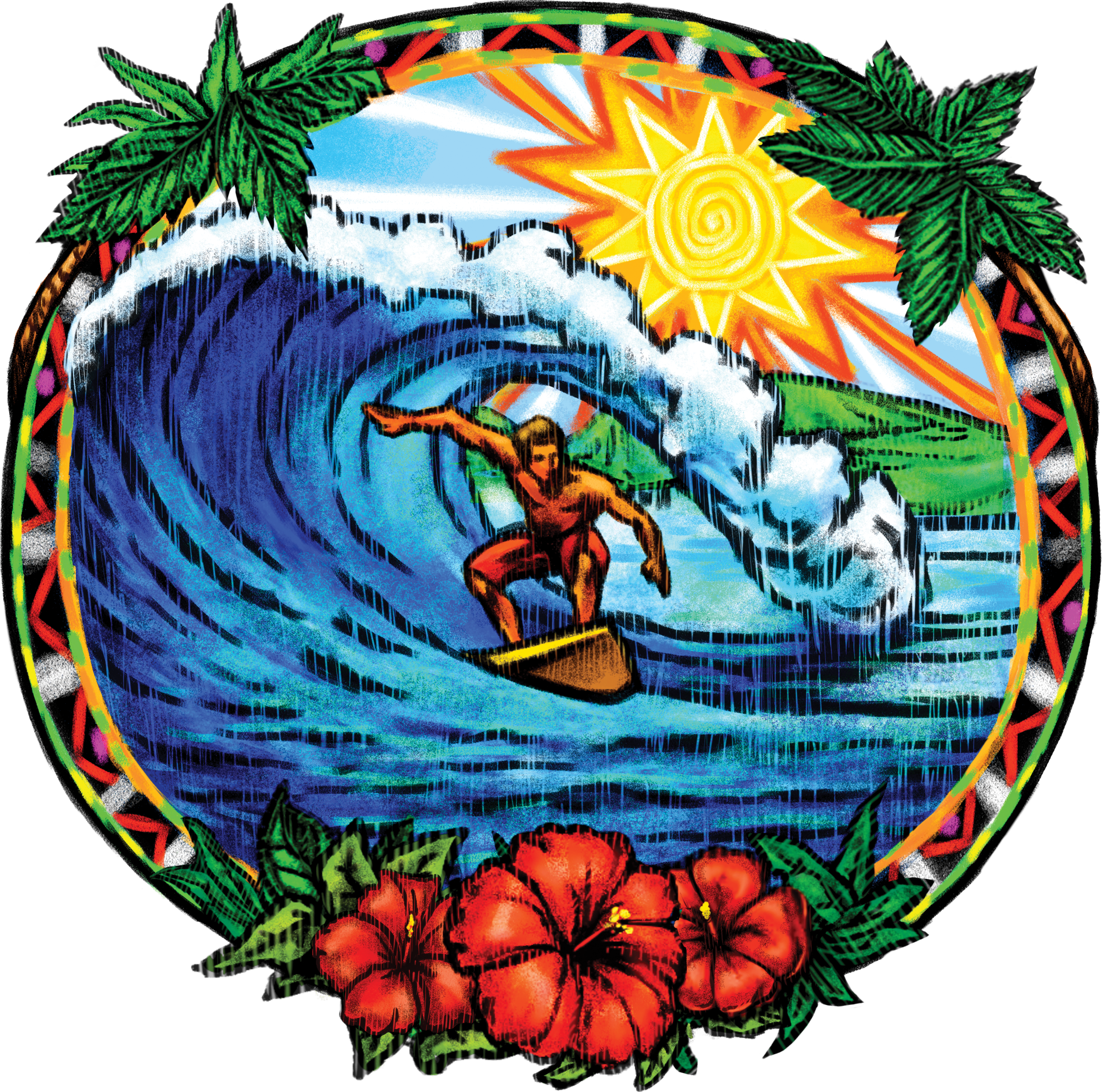 Tropical Surf - Hawaiian Surfing Tropical Cutout Vinyl Sticker Tiki Clipart (2500x2477), Png Download
