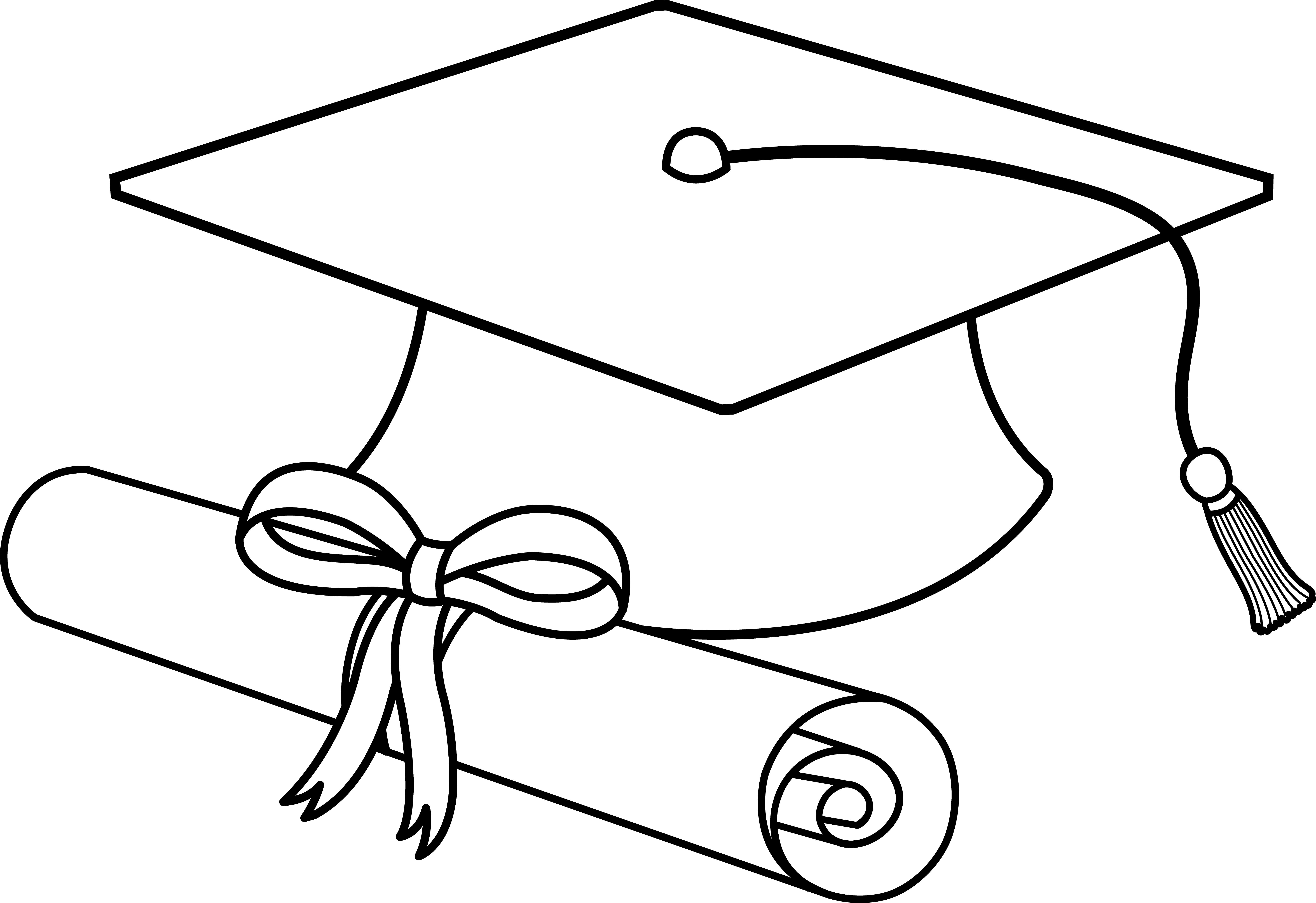 Flying Graduation Caps Clip Art Cap Line - Diploma And Cap Drawing - Png Download (7334x5034), Png Download