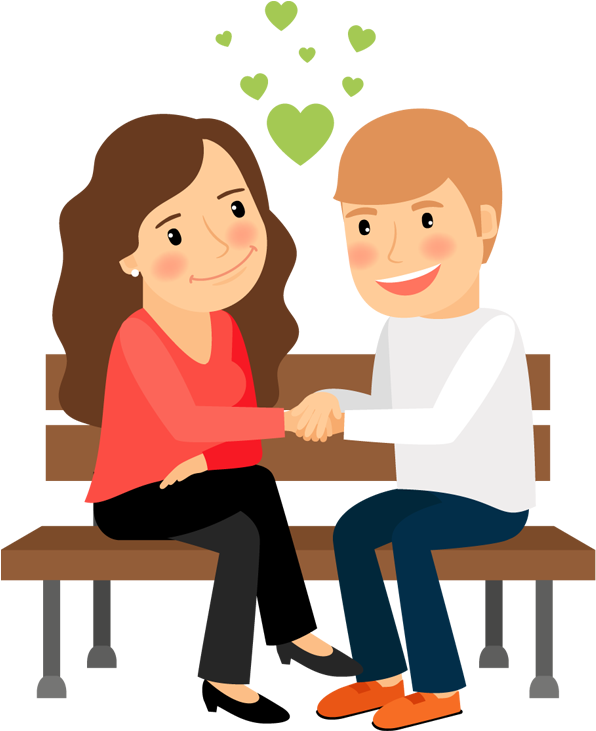Cartoon Woman And Man Holding Hands Sitting On Park - Cartoon People Sitting On A Bench Clipart (600x740), Png Download