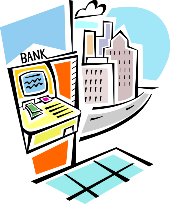 Vector Illustration Of Withdrawing Cash Money From - Bank Clipart (584x700), Png Download