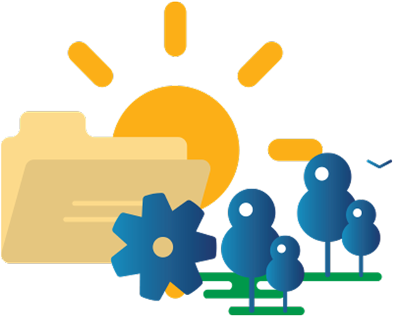 Illustration Of A Sun, Trees, A File, And A Gear - Solar Plate Farm Png Clipart (700x490), Png Download