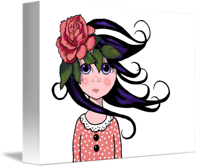 Enchanted Drawing Whimsical Banner Black And White - Big-eyed Girl, Curly Hair, Rose, Surreal Art Large Clipart (650x550), Png Download