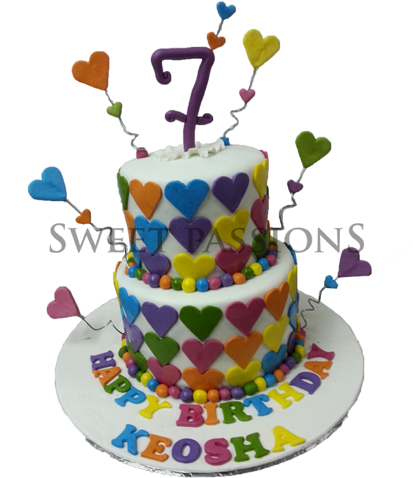 2 Tier Colorful Hearts Cake - Birthday Cake Clipart (600x736), Png Download