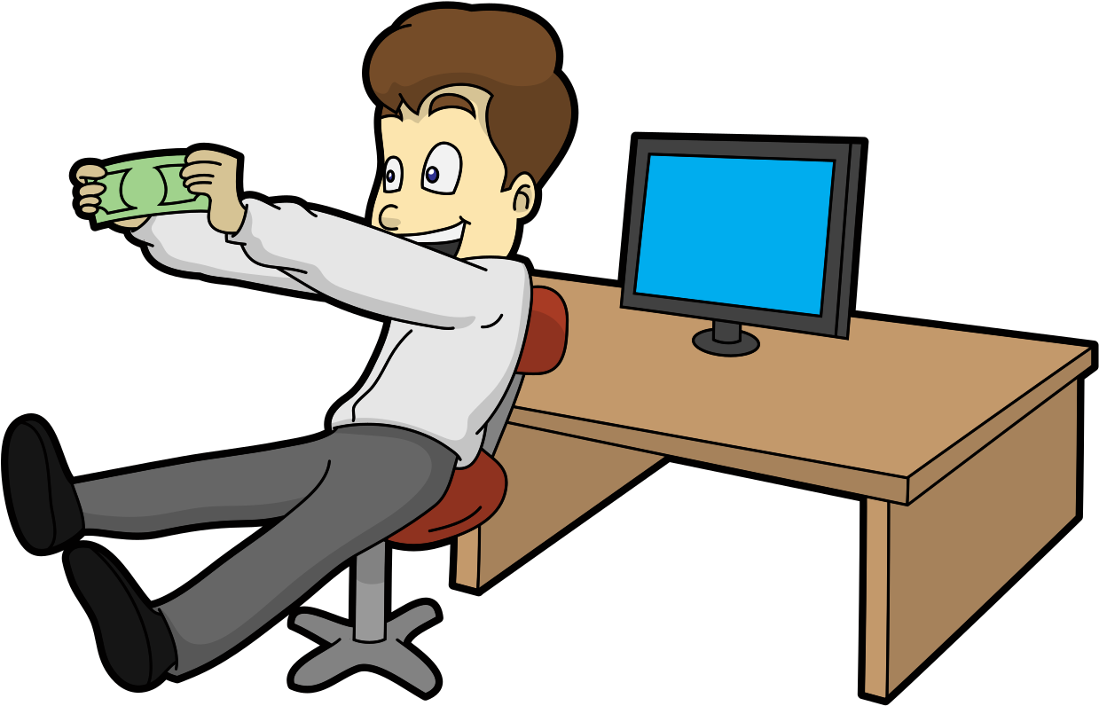 Cartoon Man Happy About Getting His Money Online - Happy Computer Money Cartoon Clipart (1347x1056), Png Download