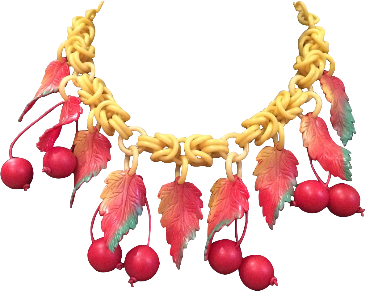 Vintage Red And Yellow Celluloid Cherry And Leaf Necklace - Necklace Clipart (1181x1181), Png Download