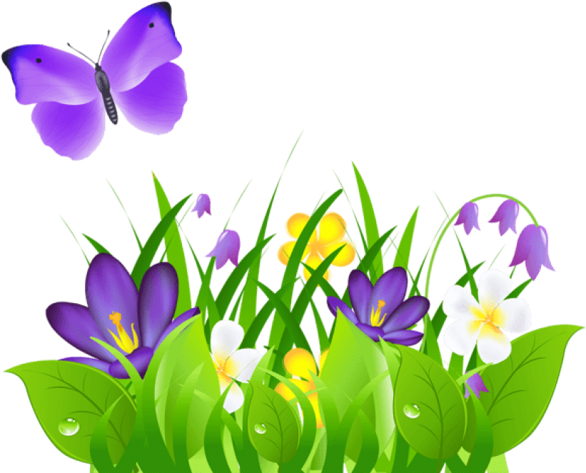 Free Png Purple Flowers Grass And Butterflypicture - Butterfly Flower Clip Art Transparent Png (850x690), Png Download