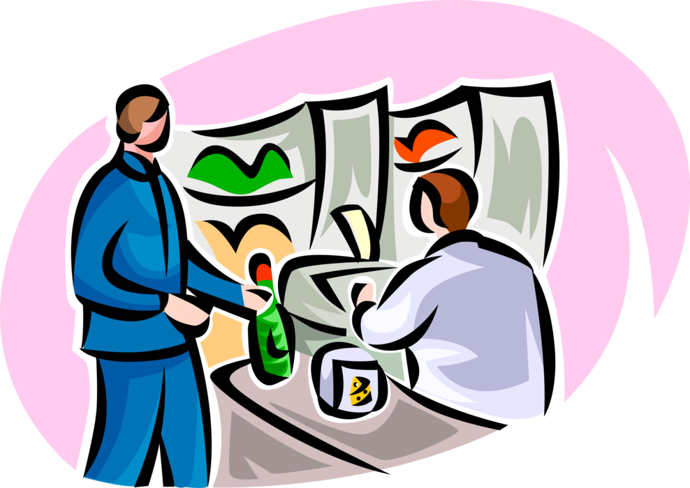 Vector Illustration Of Shopper Buys Food Items At Supermarket - Buying Food Clipart - Png Download (988x700), Png Download