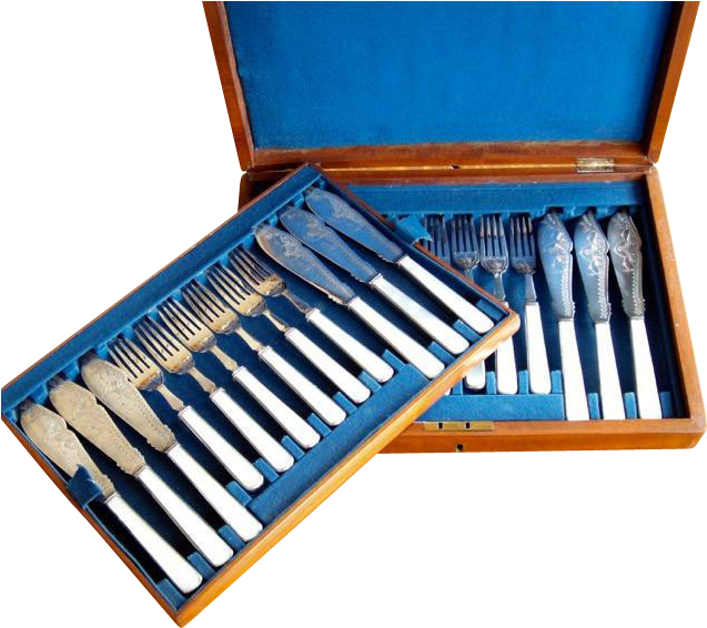Antique Silver Fork And Knife 24 Pc Fish Set Mother - Knife Clipart (636x636), Png Download