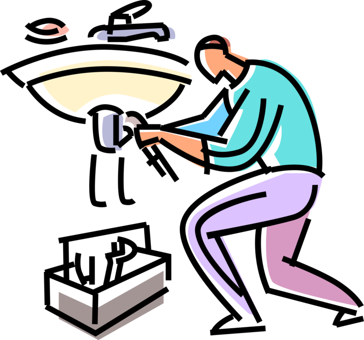 Vector Illustration Of Tradesman Plumber Tightens Plumbing Clipart (748x700), Png Download