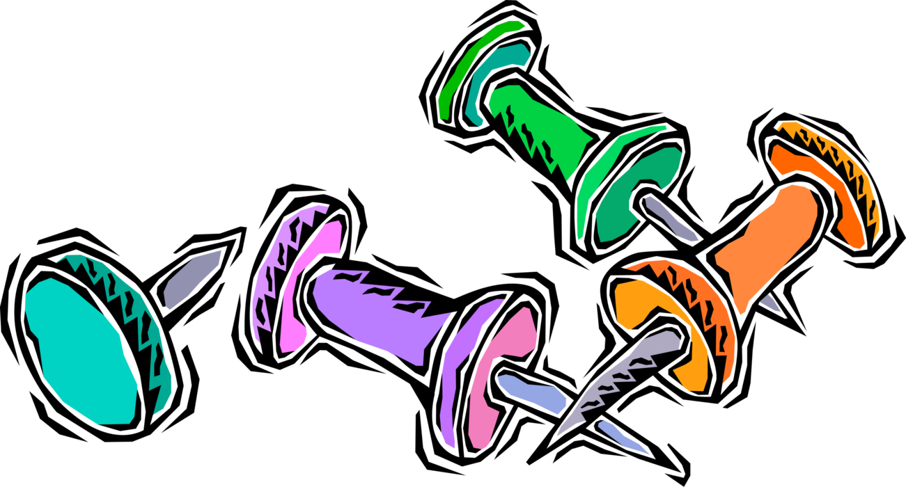 Vector Illustration Of Push Pin Or Thumb Tack Fastens - Drawing Pin Clipart (1301x700), Png Download