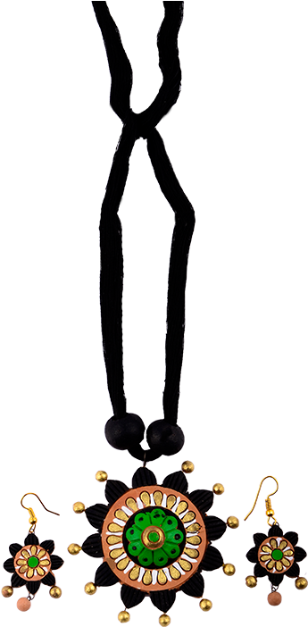 Black Flower Design Necklace With Earrings Clipart (500x750), Png Download