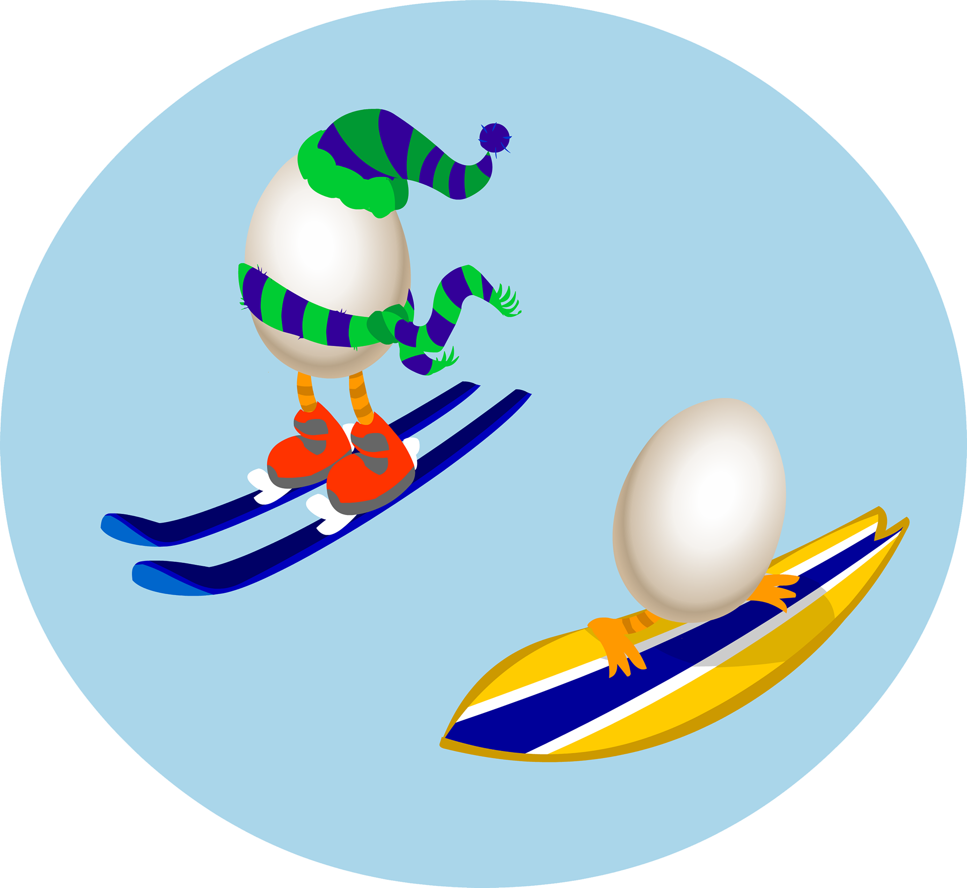Eggs With Leggs Enjoying Both Winter And Summer Sports Clipart (1920x1762), Png Download
