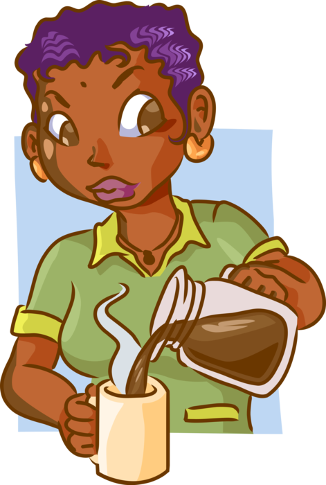 Vector Illustration Of Pouring Cup Of Coffee Into Mug - Cartoon Clipart (471x700), Png Download