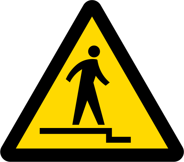 ７ 注意 Warning 下り段差注意 Caution, Uneven Access／down - Yellow Warning Sign Png Clipart (601x529), Png Download