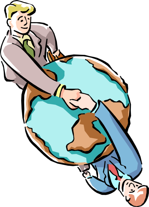 Vector Illustration Of Businessmen Shake Hands In Global Clipart (503x700), Png Download
