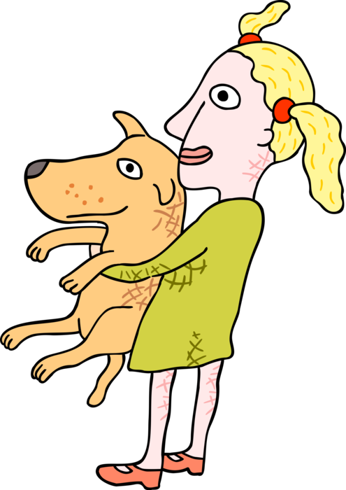 Vector Illustration Of Girl With Family Pet Dog - Child Clipart (495x700), Png Download