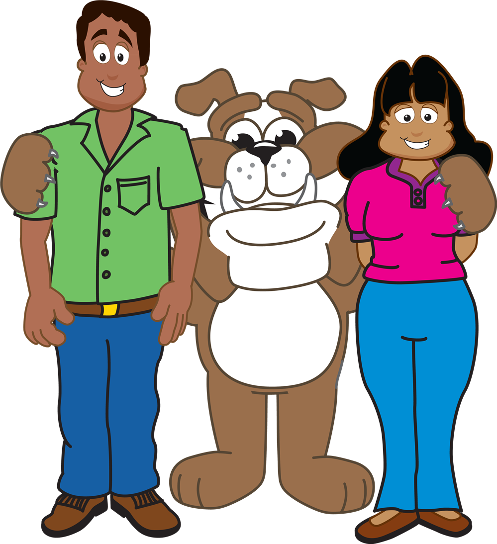 Bulldog With Adults - Cartoon Man And Woman Clipart (999x1094), Png Download