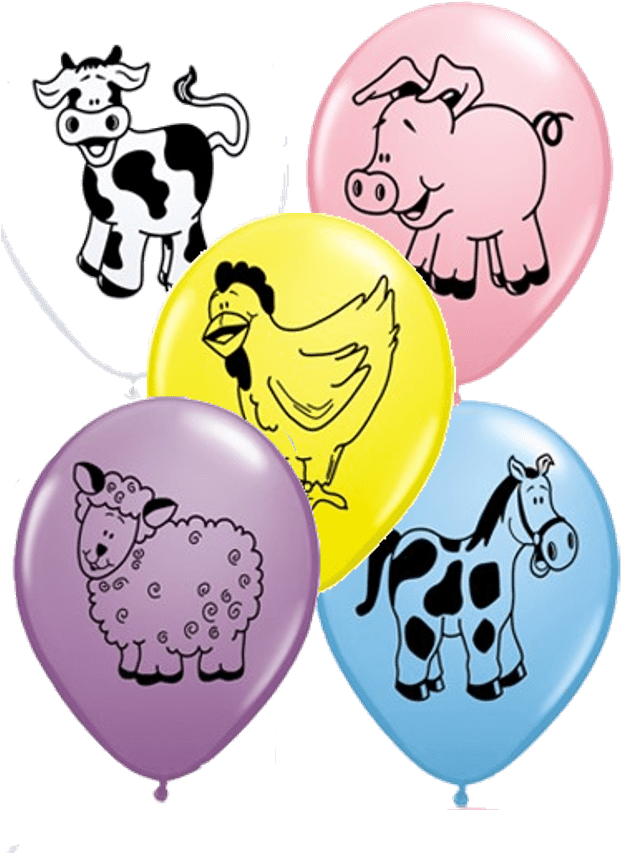 3 Farm Animal Print Latex Balloons - 11" Special Assortment Farm Animal Latex Balloons X Clipart (628x858), Png Download