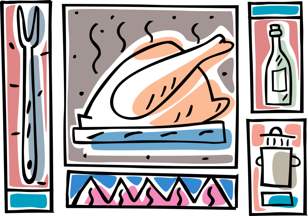 Vector Illustration Of Roast Turkey Poultry With Kitchenware - Turkey Meat Clipart (996x700), Png Download