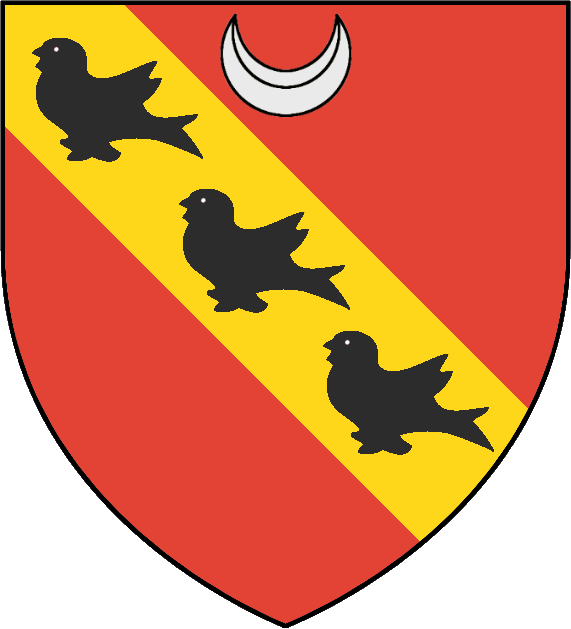 Gules, On A Bend Or, Three Martlets Sable, A Crescent Clipart (571x629), Png Download
