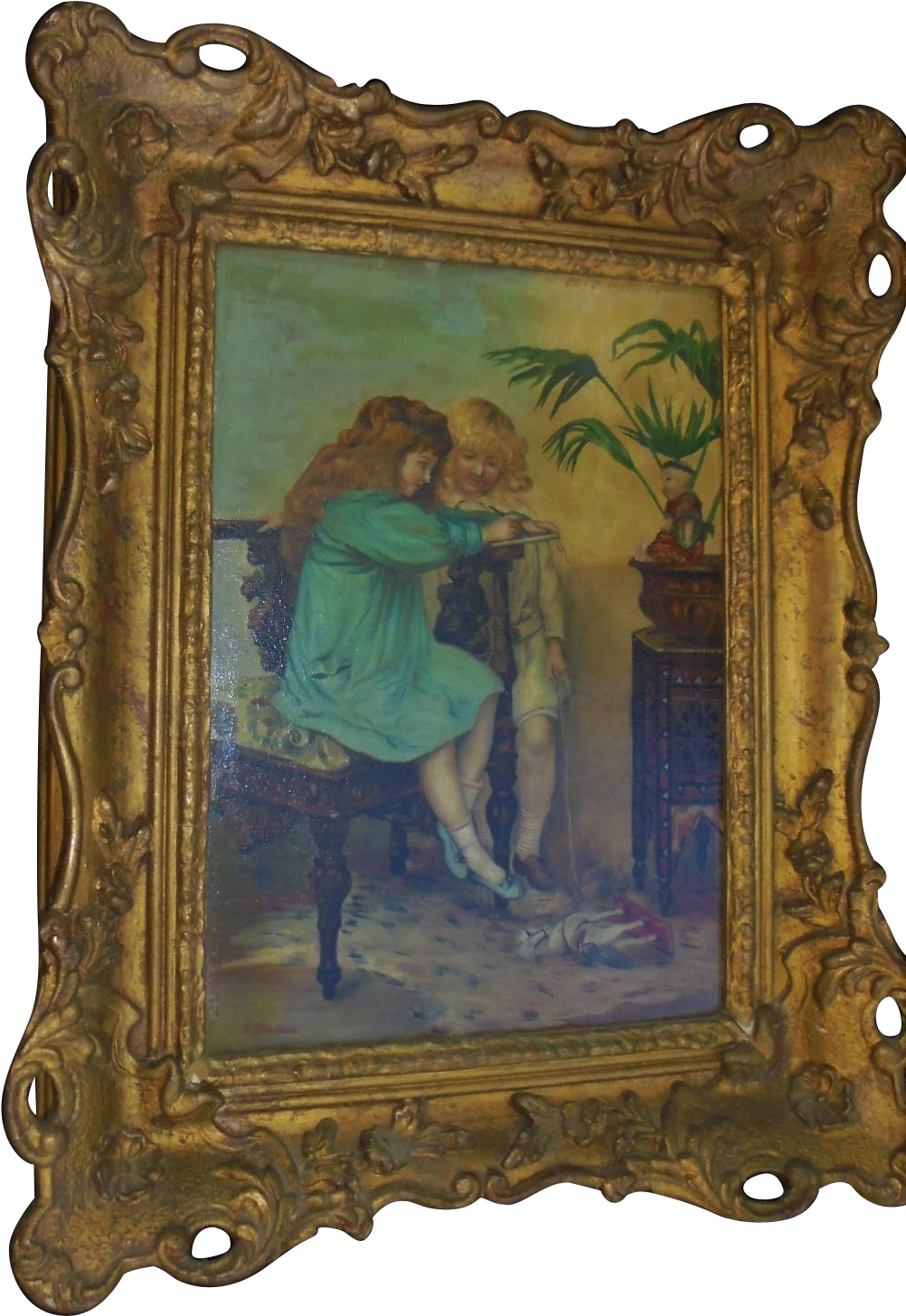 Signed Antique Oil Painting Little Girls Children Portrait - Picture Frame Clipart (1455x1455), Png Download