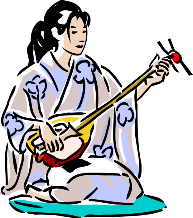 Vector Illustration Of Japanese Geisha In Kimono With - Cartoon Image Of A Boy Playing Sitar Clipart (619x700), Png Download