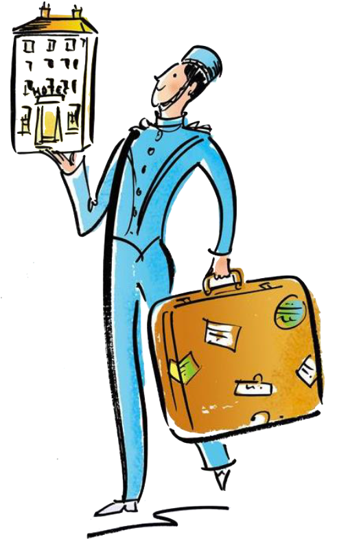 Plaza Drawing - Bellboy Cartoon Clipart (499x827), Png Download
