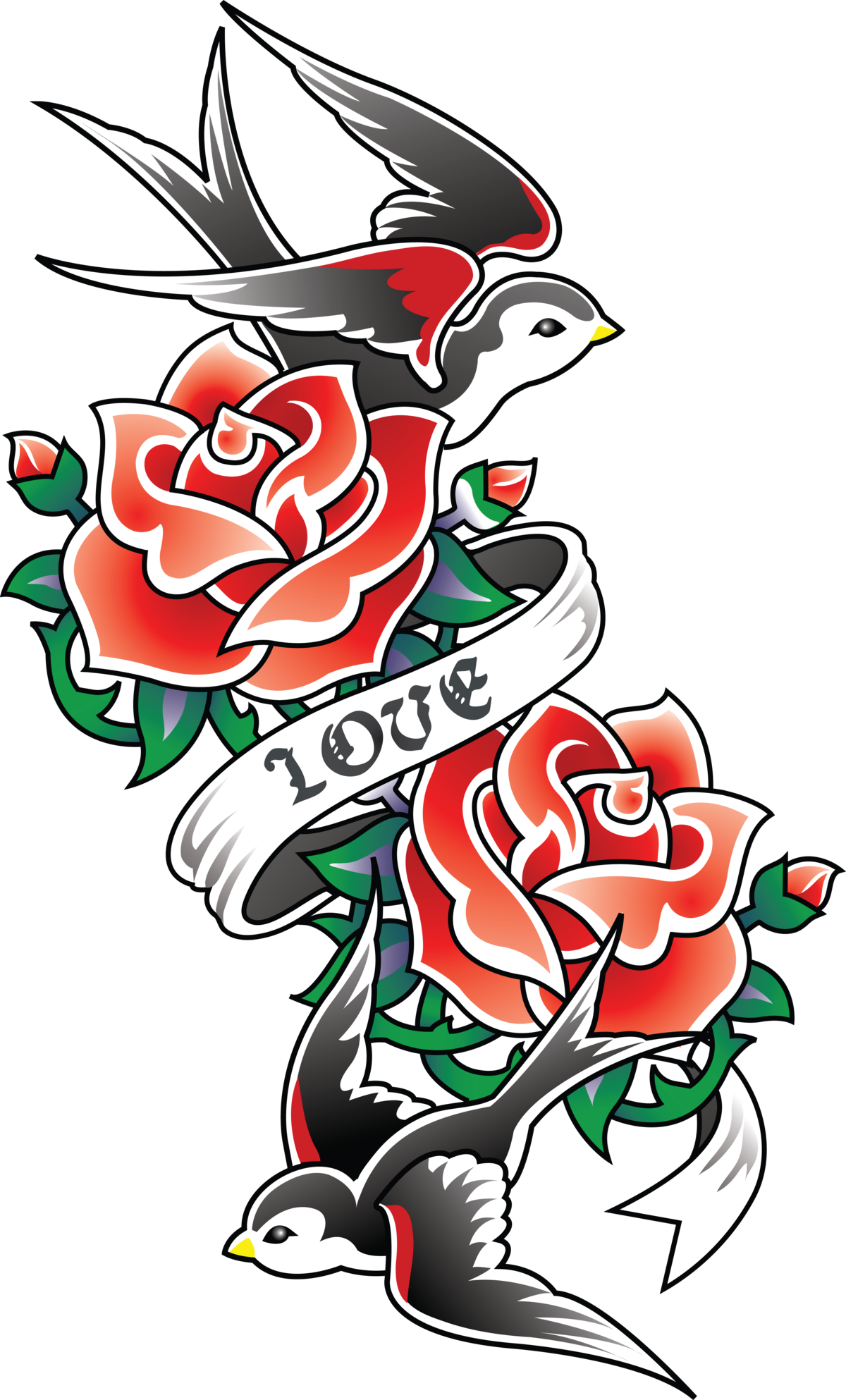 Mq Red Rose Bird Swallow Tattoo - Old School Rose Tattoos Clipart (1024x1024), Png Download