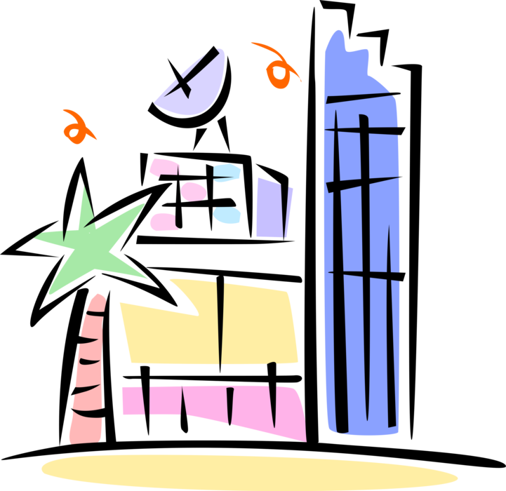 Vector Illustration Of Building With Satellite Dish Clipart (721x700), Png Download