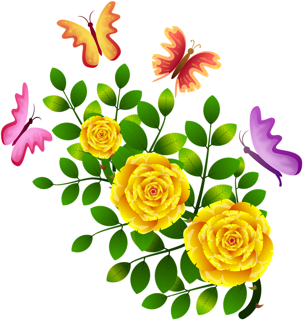 Roses Butterflies Flowers Floral Png Image Clipart (1280x1280), Png Download