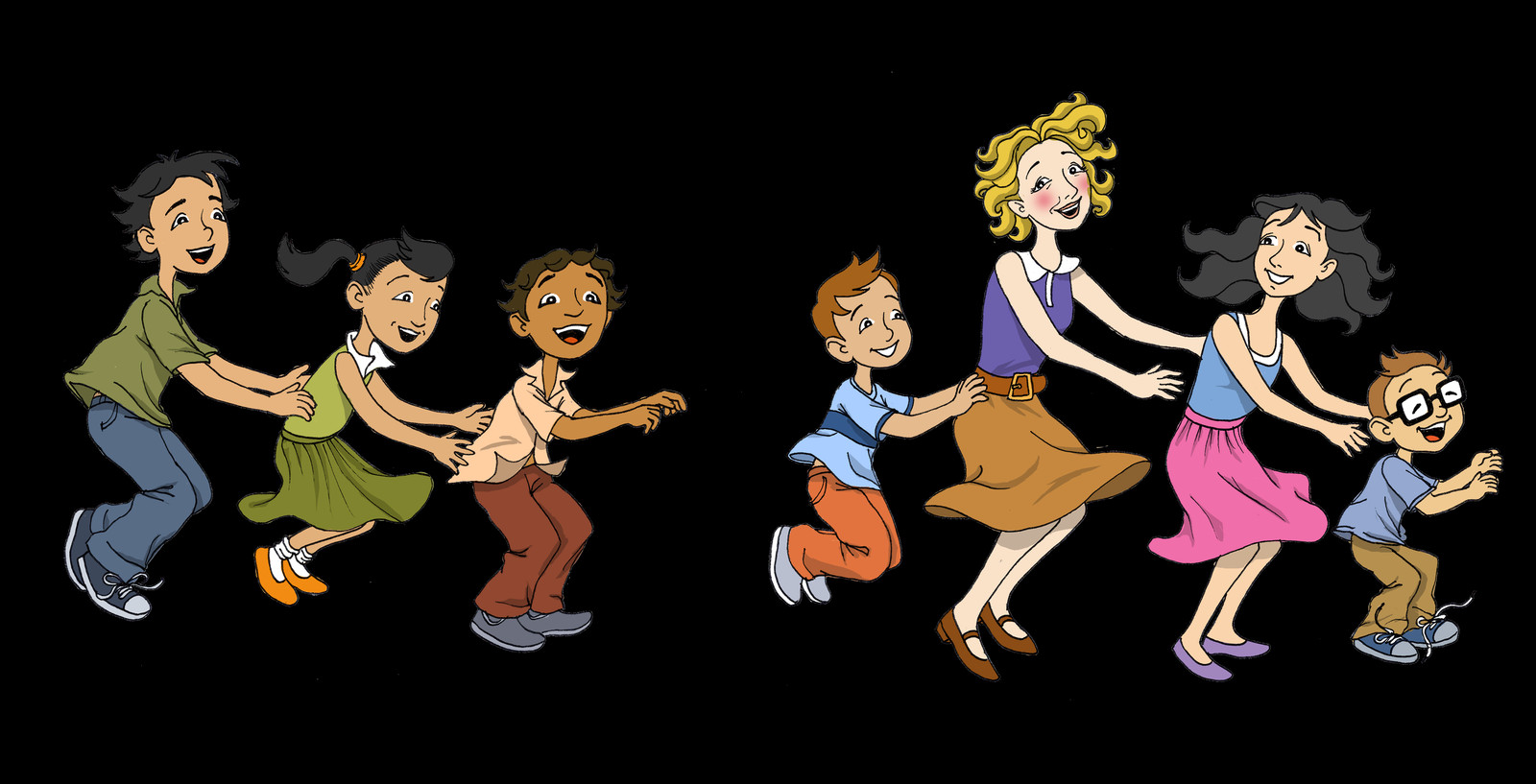Auntie P And Kids Bunny Hopping Clipart (1600x817), Png Download