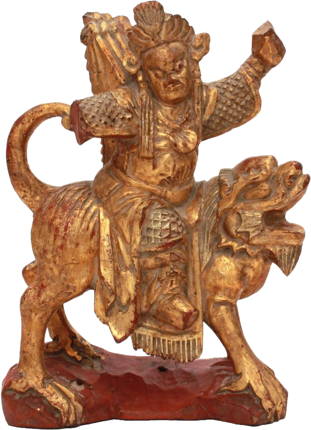 Antique Chinese Wood Warrior On Foo Lion, Hand Carved Clipart (883x883), Png Download