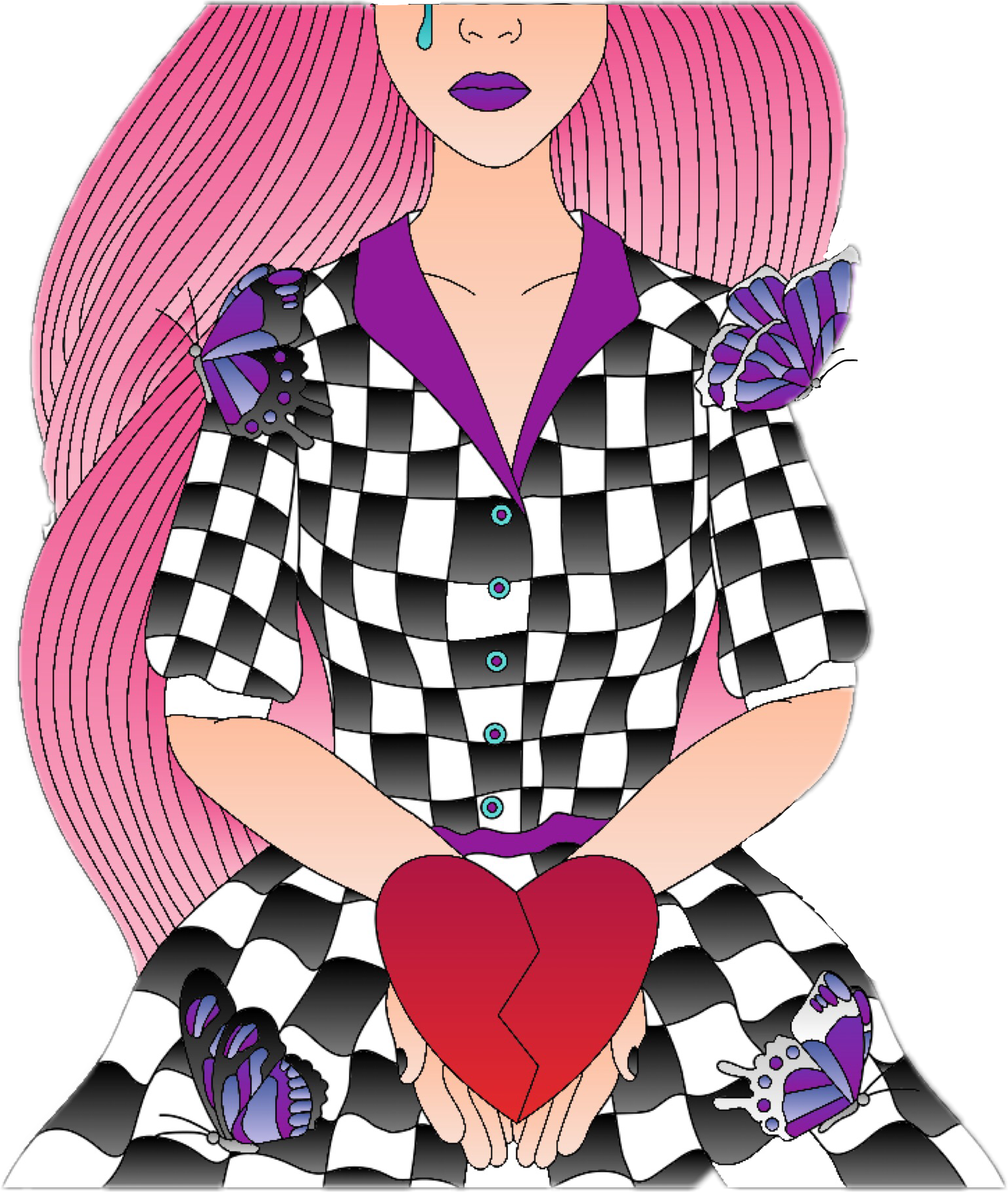 Girl Breakup Cry Butterflies Heart Pink Black White Clipart (1534x1814), Png Download