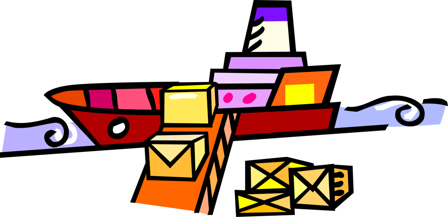 Vector Illustration Of Cargo Ship Or Freighter Ship Clipart (1441x700), Png Download