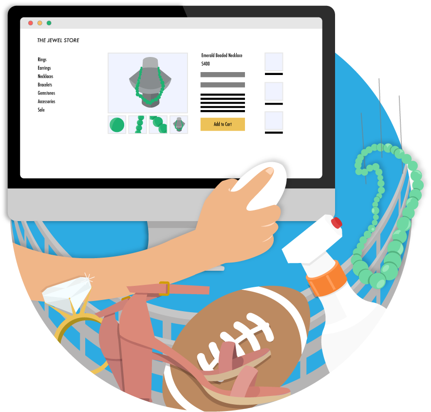 Woman Shopping For Jewelry On Her Desktop Computer Clipart (906x932), Png Download