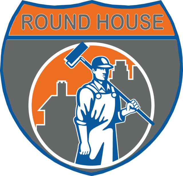 Round House Logo Man With Drywall Tool Clipart (640x613), Png Download