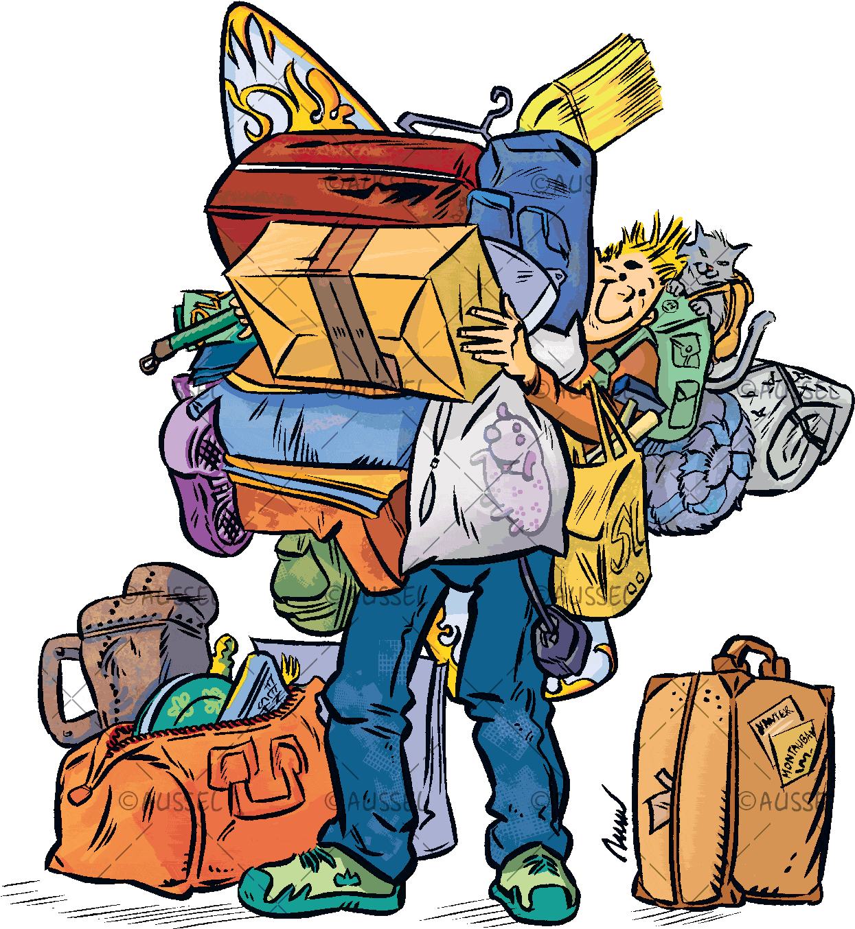 Un Homme Est Surchargé Par Tous Les Objets Qu'il Déménage Clipart (1350x1455), Png Download