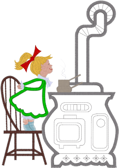 Stove Girl On Chair Cooking Applique Clipart (567x567), Png Download