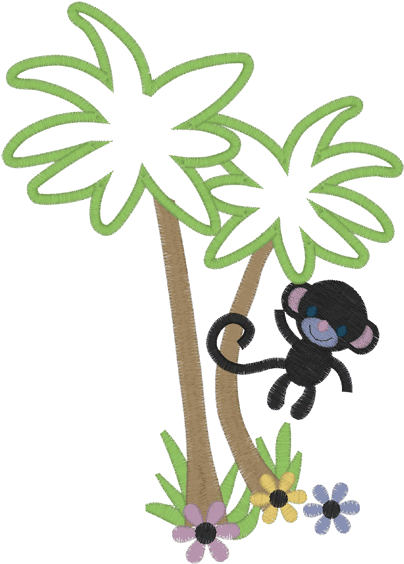Wild Animals Monkey In A Palm Tree Applique Clipart (567x567), Png Download
