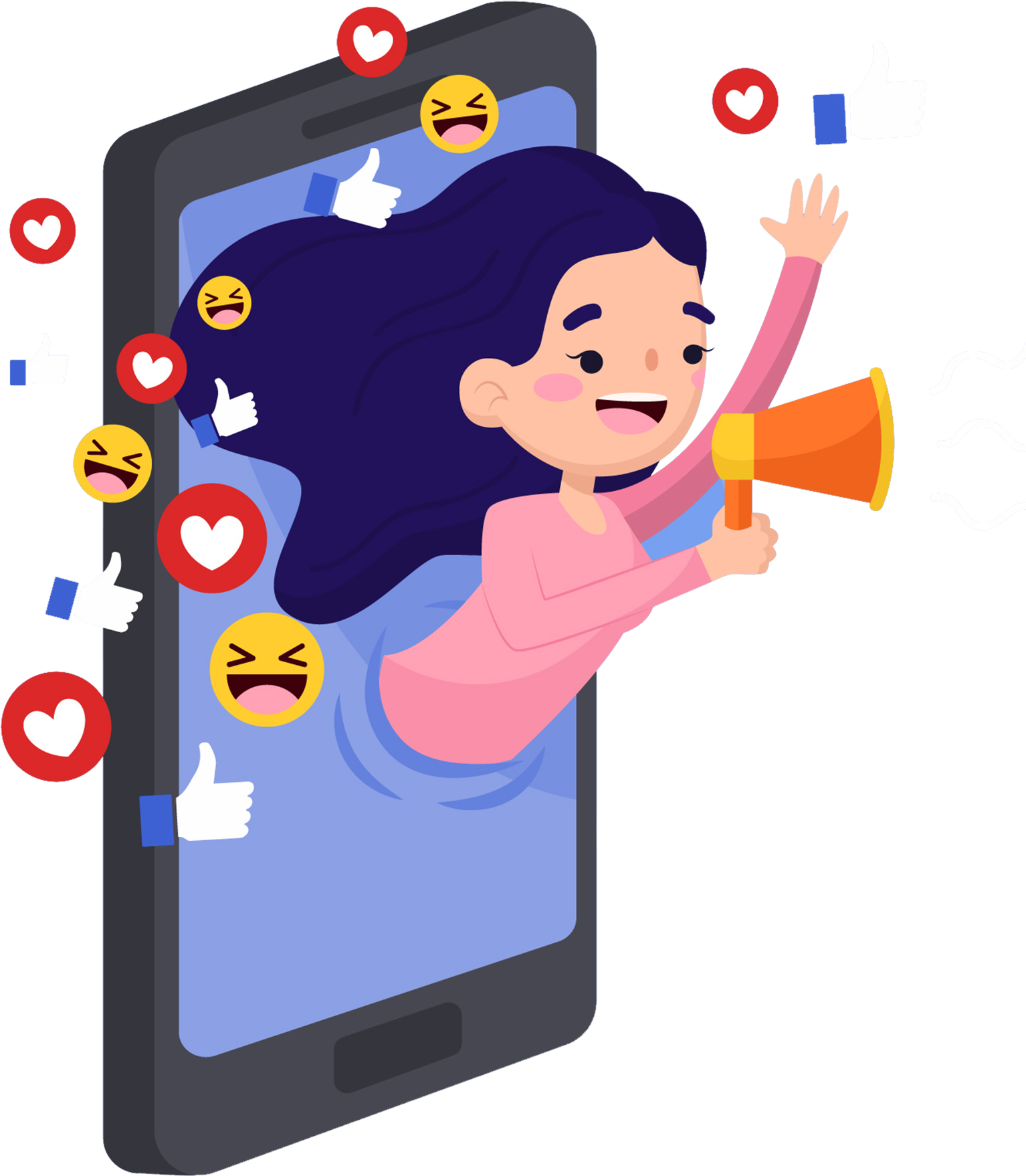 Girl Come Through A Smartphone With Social Engagement Clipart (1800x1800), Png Download