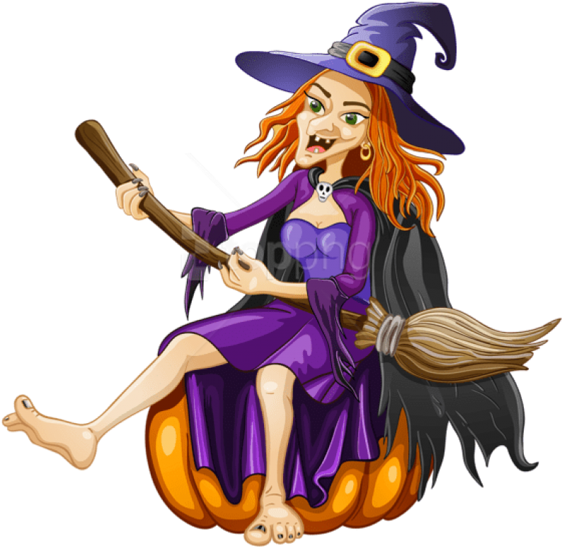 Halloween Witch With Pumpkin Png Clipart - Beautiful Witch On Broomstick And Cat Transparent Png (600x589), Png Download