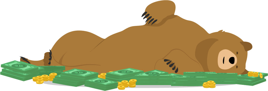 Cartoon Grizzly Bear Rolling In Money Piles With Joy Clipart (1082x369), Png Download