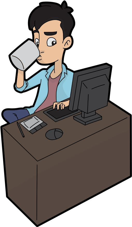 Cartoon Guy Drinks While Using A Computer Clipart (613x939), Png Download