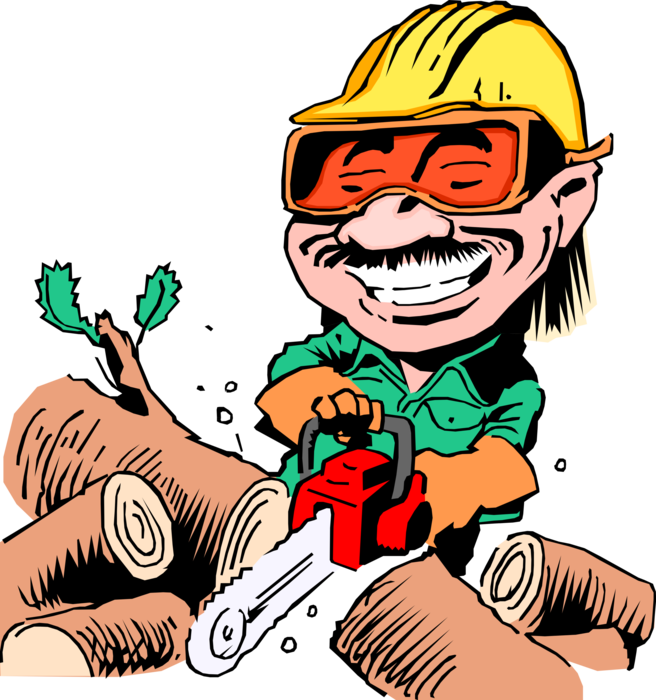 Vector Illustration Of Woodcutter With Chainsaw Cutting Clipart (656x700), Png Download