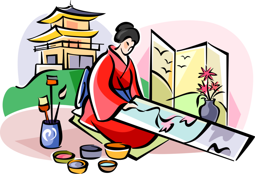Vector Illustration Of Japanese Artist In Kimono Paints Clipart (1022x700), Png Download