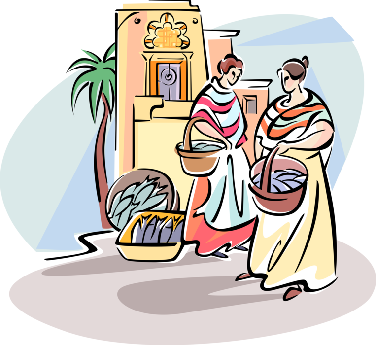 Women Shop In Outdoor Fish Market - Illustration Clipart (763x700), Png Download