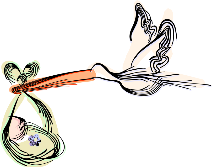 Vector Illustration Of Stork Bird Delivers Newborn Clipart (887x700), Png Download