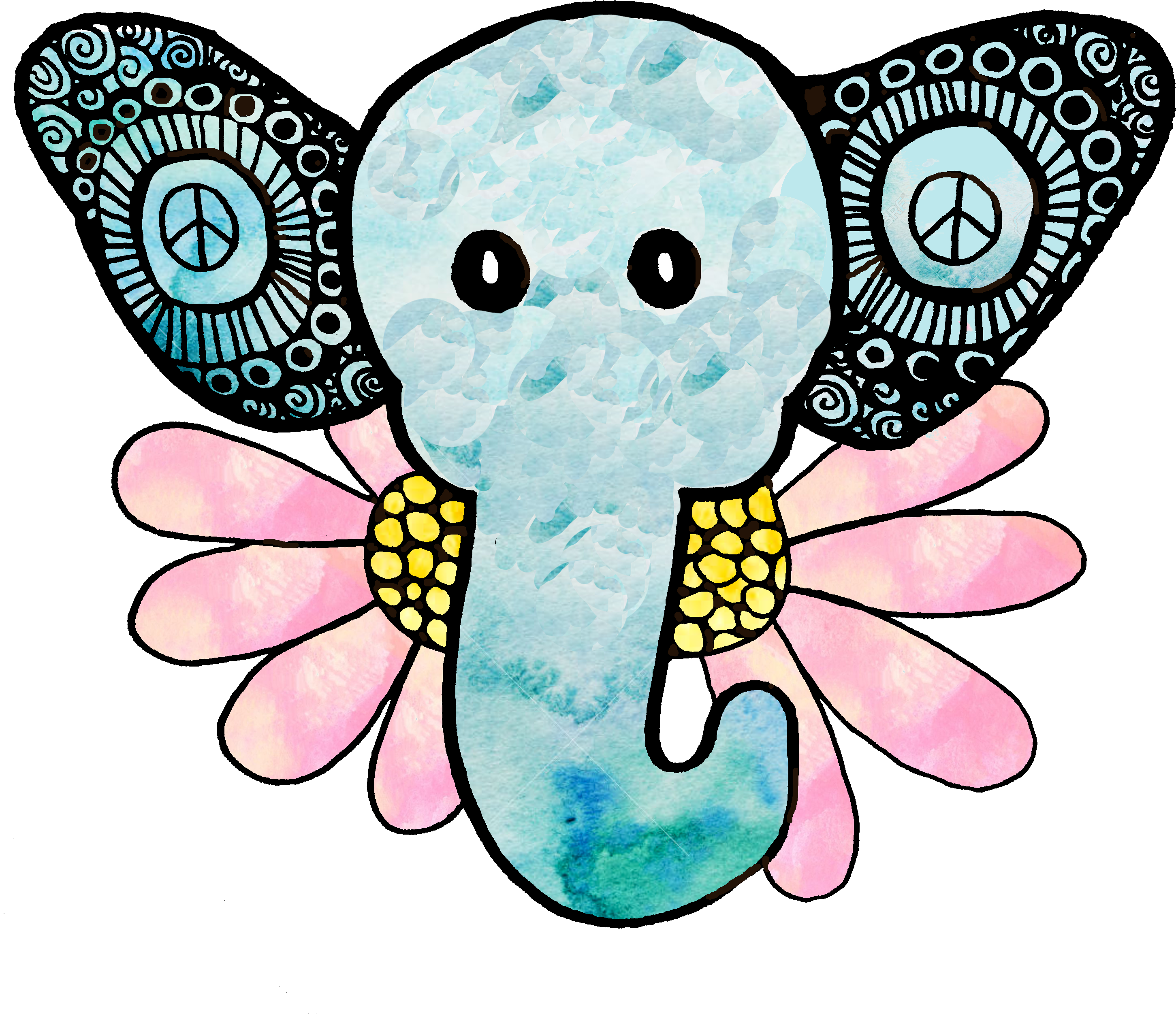 Hippie Elephant Watercolor Clipart (2983x3104), Png Download