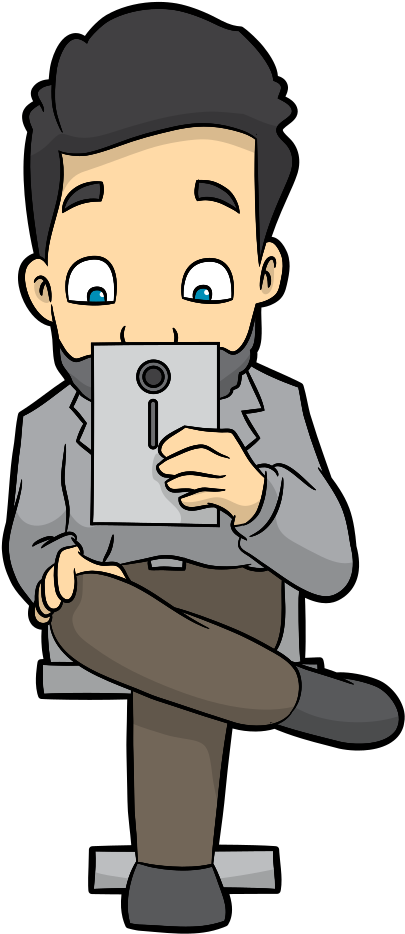 Cartoon Man Reading An Ebook On His Mobile Tablet Clipart (640x1024), Png Download