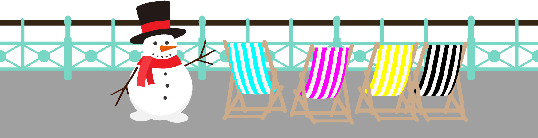 Railings And Cmyk Deckchairs Christmas Snowman Clipart (1748x469), Png Download